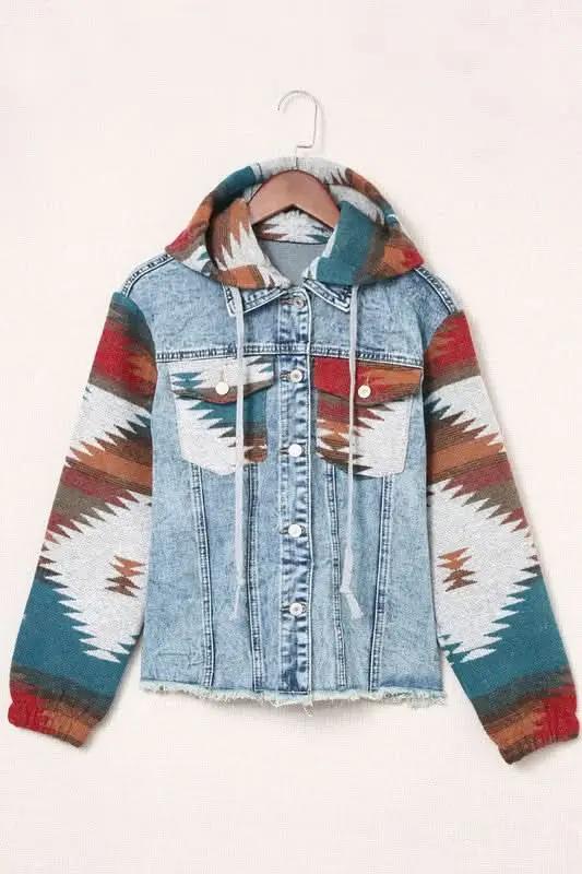 Geometric Print Frayed Hem Denim Jacket - Love Salve